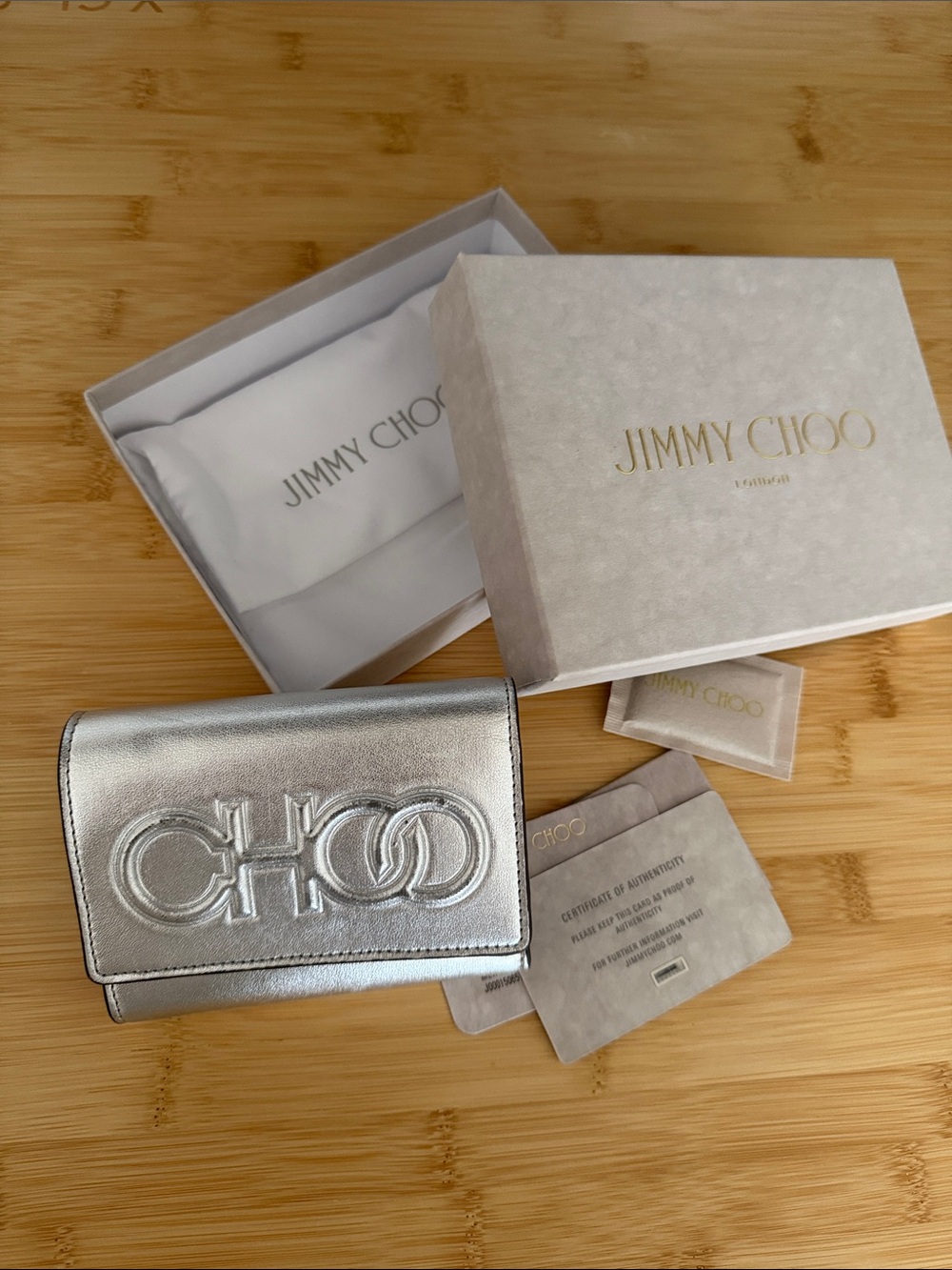 Jimmy Choo Silver Metallic Embossed CHOO Logo Wallet